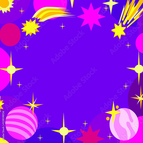 Space illustration vector template with planets, stars and meteorites on a purple background. Cosmic colors. Frame for your text.