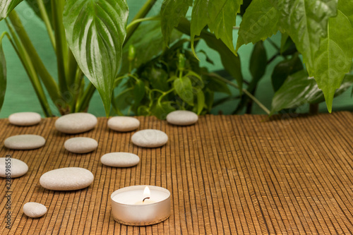 Candle and spa stones with green leaves.