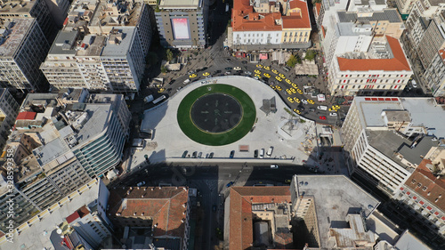 Aerial photo of recently renovated fountain of famous round square of Omonia in the heart of Athens centre, Attica, Greece