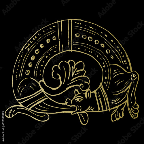 Isolated vector illustration. Medieval dragon biting its own tail. Ouroboros. Gothic illuminated manuscript motif. Golden silhouette on black background. Hand drawn linear sketch.