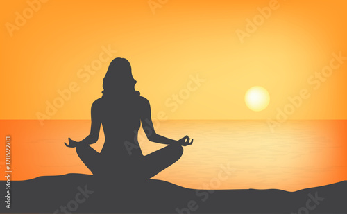 Yoga woman lotus pose silhouette sunset background