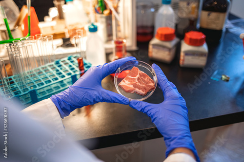 Vászonkép Scientist inspecting meat sample at laboratory