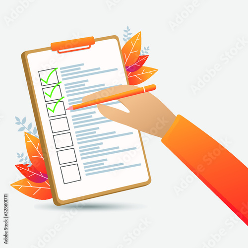 Hand checklist on board. Orange color with flower. Man with vector checklist board illustration