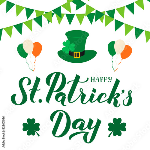 Happy St. Patricks day calligraphy hand lettering with Leprechaun s hat and clover isolated on white background. Saint Patrick s day greeting card. Vector template for banner, poster, flyer, postcard.