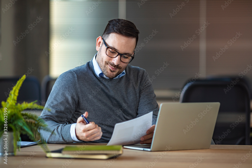 Cropped shot of a handsome young businessman working on a laptop in an office. Portrait of a handsome young businessman working in an office. Positive mature businessman sitting at office desk. Cropped shot of a handsome young businessman working on a laptop in an office. Portrait of a handsome young businessman working in an office. Positive mature businessman sitting at office desk.