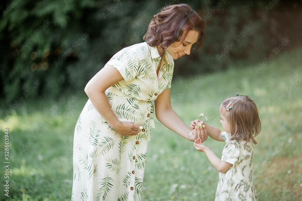 A beautiful young pregnant mom and her little daughter are picking flowers in a field. Motherhood. A family. A beautiful young pregnant mom and her little daughter are picking flowers in a field. Motherhood. A family.