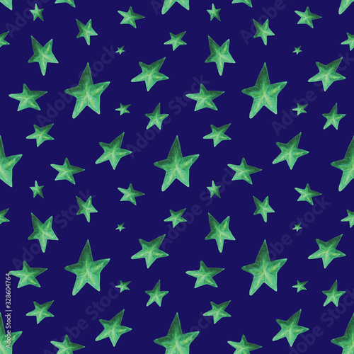 Hand-drawn stars seamless pattern. Green stars on a dark blue background. Bright watercolor stars. Decorative background for textile  wrapping paper  wallpaper  children and space design  Christmas