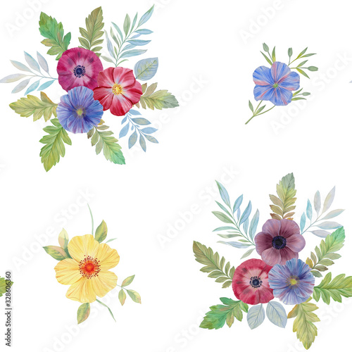 Fototapeta Naklejka Na Ścianę i Meble -  Set of flowers and leaves for postcards and prints.Watercolor flowers painted. Seamless botanical pattern. bouquet of flowers for design