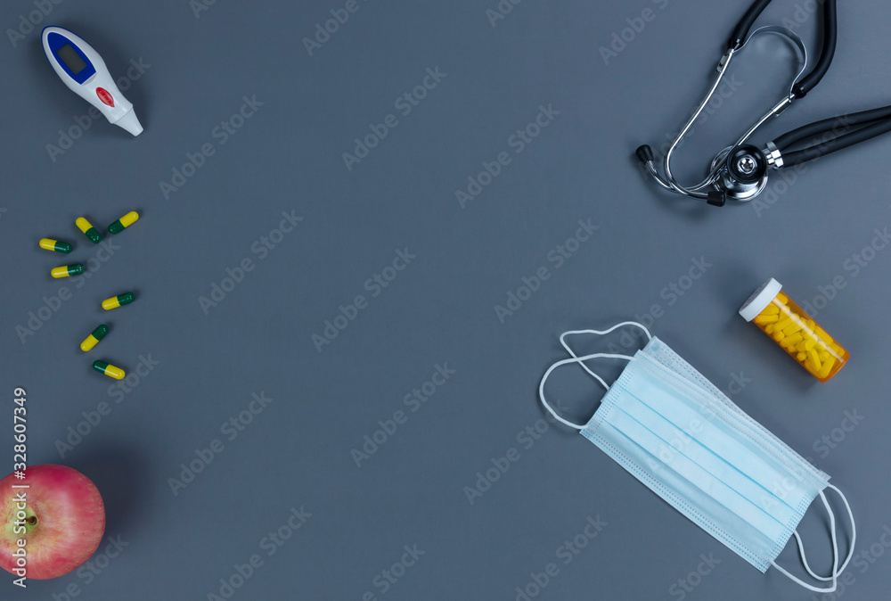 Gray medical table with medical equipment in flat lay format plus room for copy space Gray medical table with medical equipment in flat lay format plus room for copy space