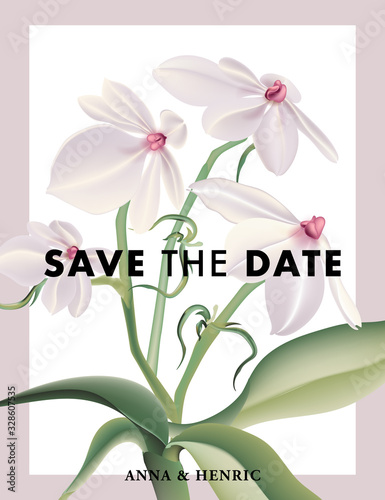 Flower Save the date card with realistic Aerangis luteo alba. Rustic bridal illustration graphic design template. Boho holiday greeting paper stationery advertising poster. Vector rhodosticta photo