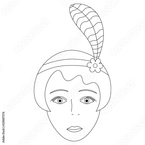 Vector illustration of the face of an elegant girl from 1920. Short hair. Hairstyle a la Garcon. Headband from a bandage with a flower brooch and feather. Face on an isolated background. Retro style.