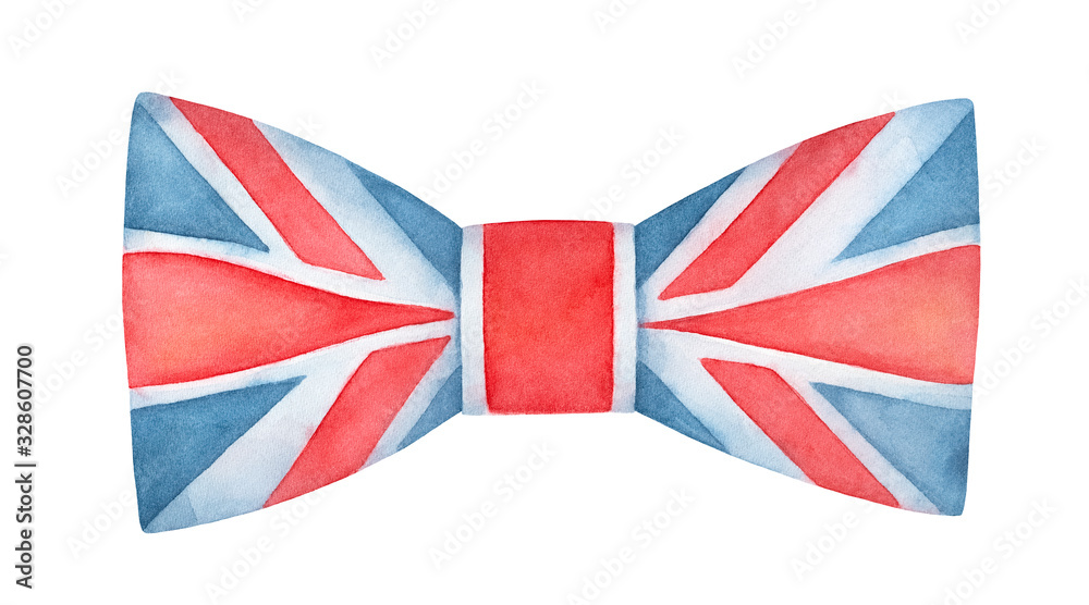 Water color illustration of classic Bow Tie with British flag pattern. Hand painted watercolour graphic drawing, cut out clipart element for creative design, invitation, poster, banner, greeting card. Water color illustration of classic Bow Tie with British flag pattern. Hand painted watercolour graphic drawing, cut out clipart element for creative design, invitation, poster, banner, greeting card.