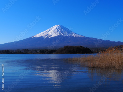 Mt. Fuji of Blue sky from Oishi Park in Lake Kawaguchi 03/06/2020