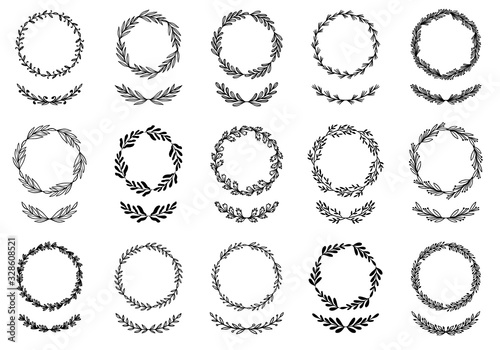 Spring collection of elegant floral wreaths. Floral round frames of branches and leaves. Vector illustration