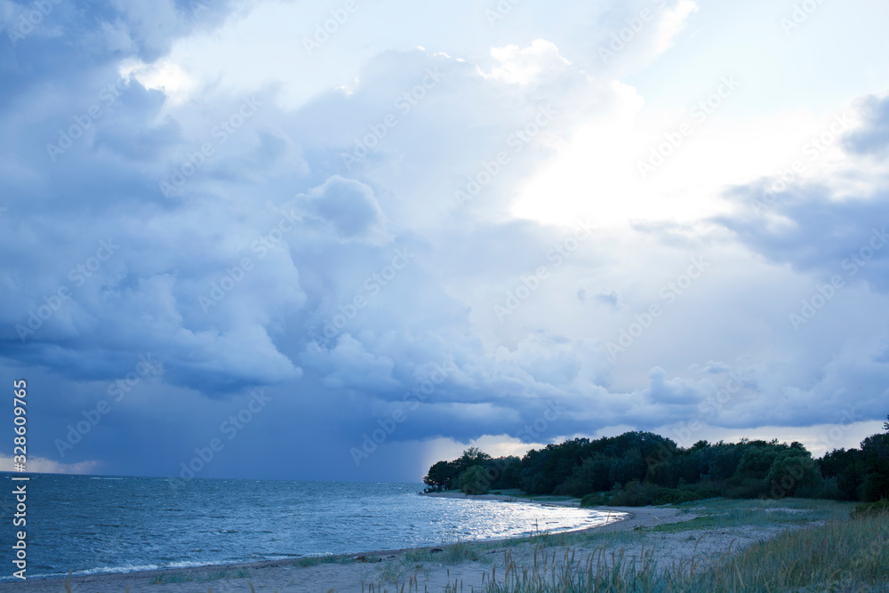 blue sky cloudy landscape, thunder on sea background blue sky cloudy landscape, thunder on sea background