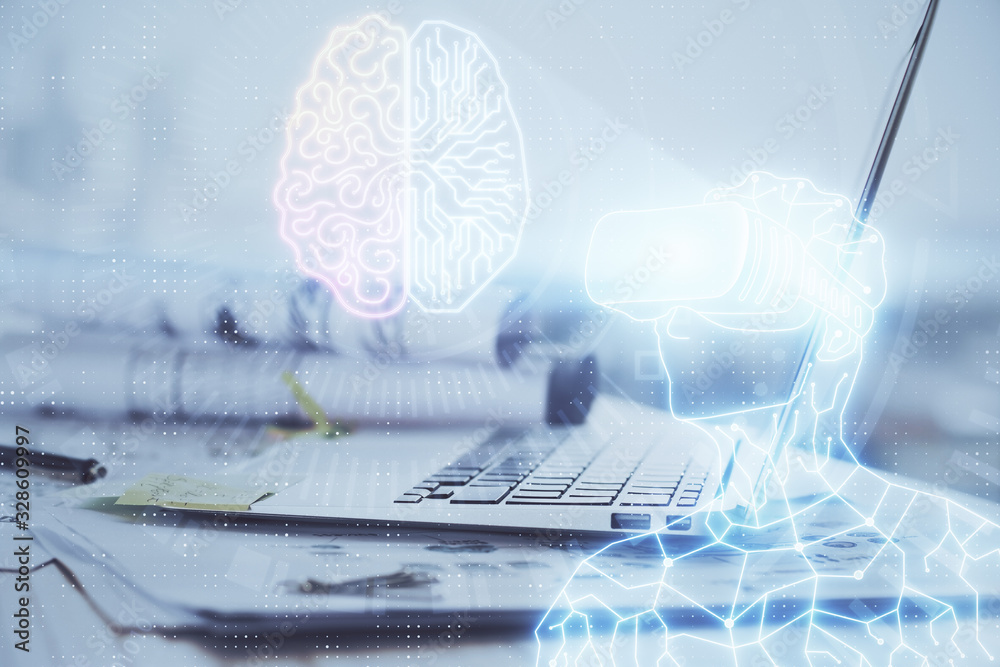 Fototapeta premium Computer on desktop with AR theme icon. Multi exposure. Concept of augmented reality.