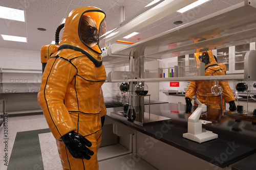 Man in a biohazard suit works in a biolaboratory 3d illustration