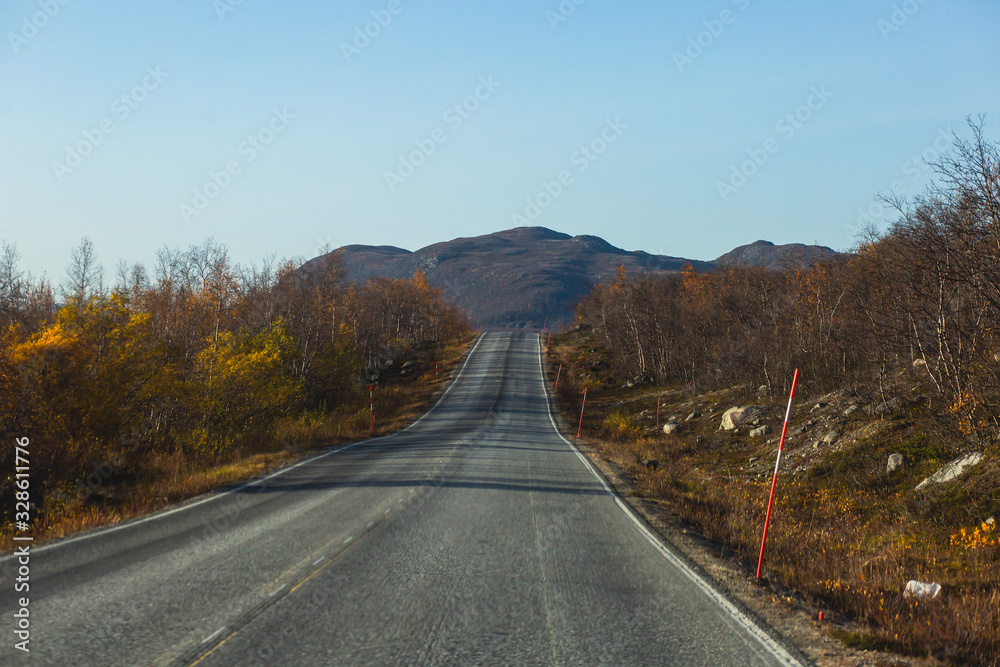 View of Kilpisjarvi village, with Saana mountain, Lake Kilpisjärvi, Enontekiö municipality, Lapland, Finland, the very northwesternmost point of Finland, autumn fall view