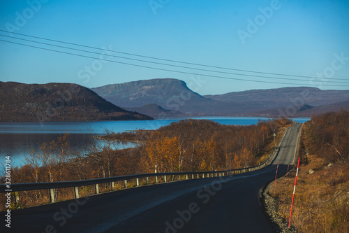 View of Kilpisjarvi village, with Saana mountain, Lake Kilpisjärvi, Enontekiö municipality, Lapland, Finland, the very northwesternmost point of Finland, autumn fall view photo