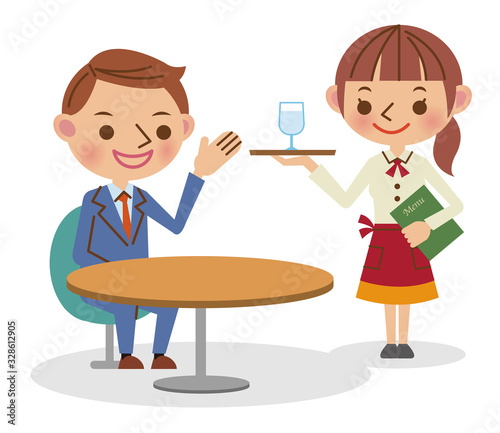 カフェでウェイトレスに話しかけるビジネスマン
