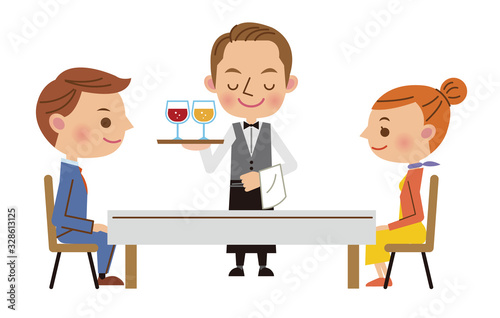 レストランイメージ（飲み物を運ぶウェイターと男女カップル）