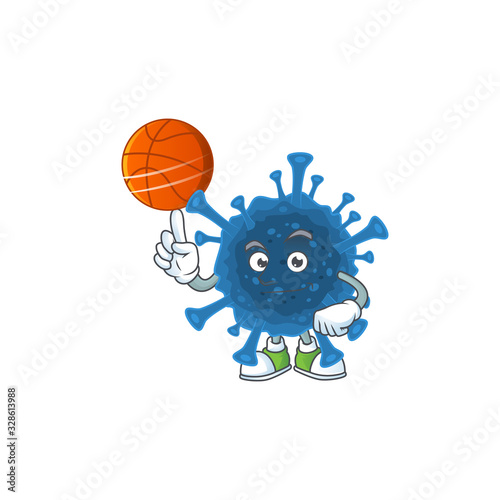 a strong coronavirus desease cartoon character with a basketball