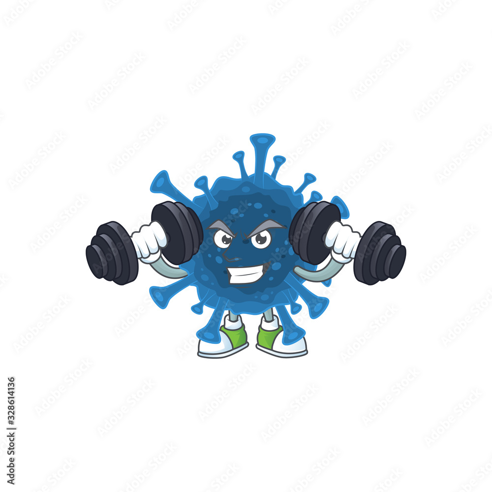 Coronavirus desease mascot icon on fitness exercise trying barbells Coronavirus desease mascot icon on fitness exercise trying barbells