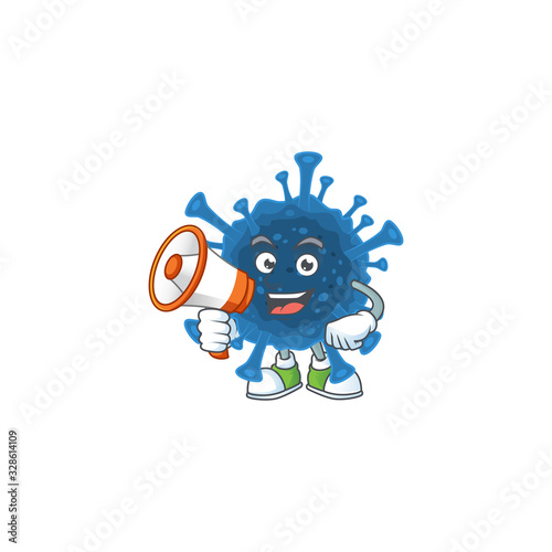 A chilly cartoon character of coronavirus desease with a megaphone