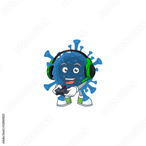 Coronavirus desease cartoon picture play a game with headphone and controller
