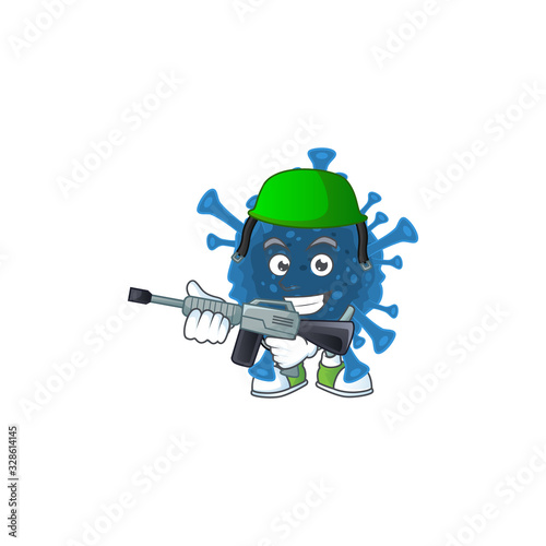 Coronavirus desease mascot design in an Army uniform with machine gun