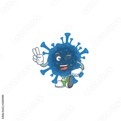 Cute cartoon mascot picture of coronavirus desease with two fingers