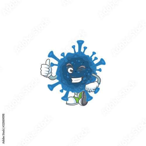 A mascot icon of coronavirus desease making Thumbs up gesture