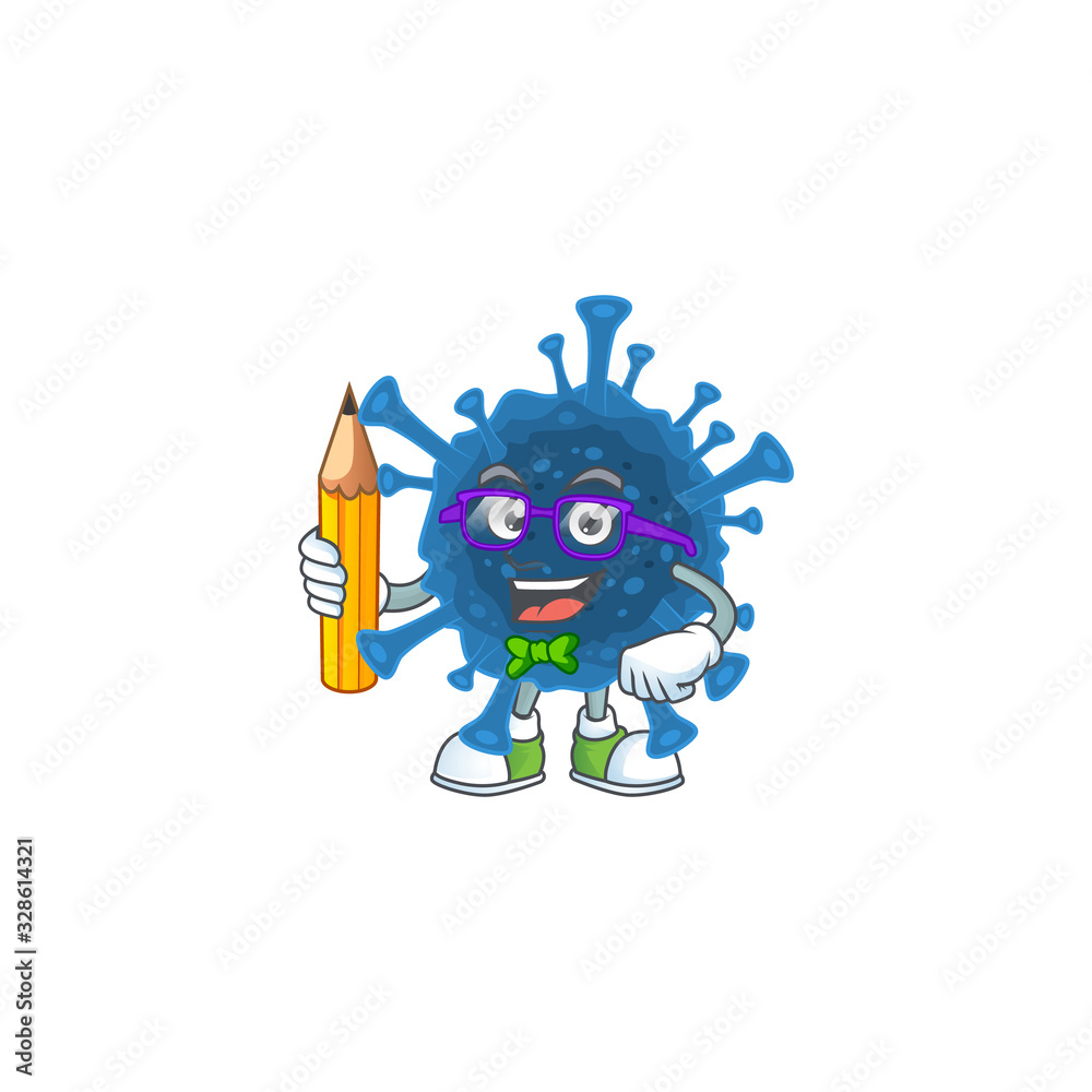 A mascot icon of Student coronavirus desease character holding pencil