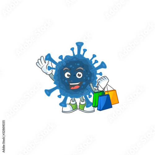 A rich coronavirus desease cartoon design waving and holding Shopping bag