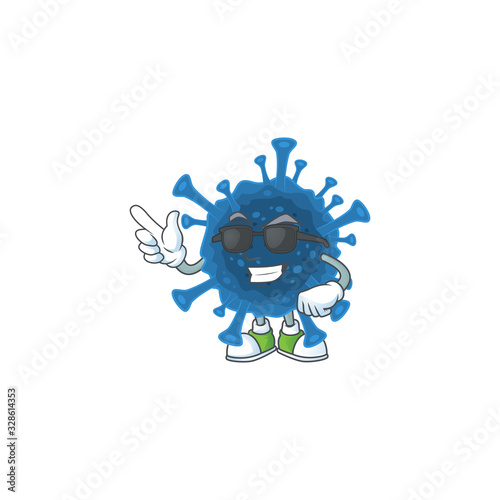 Super cool coronavirus desease mascot character wearing black glasses