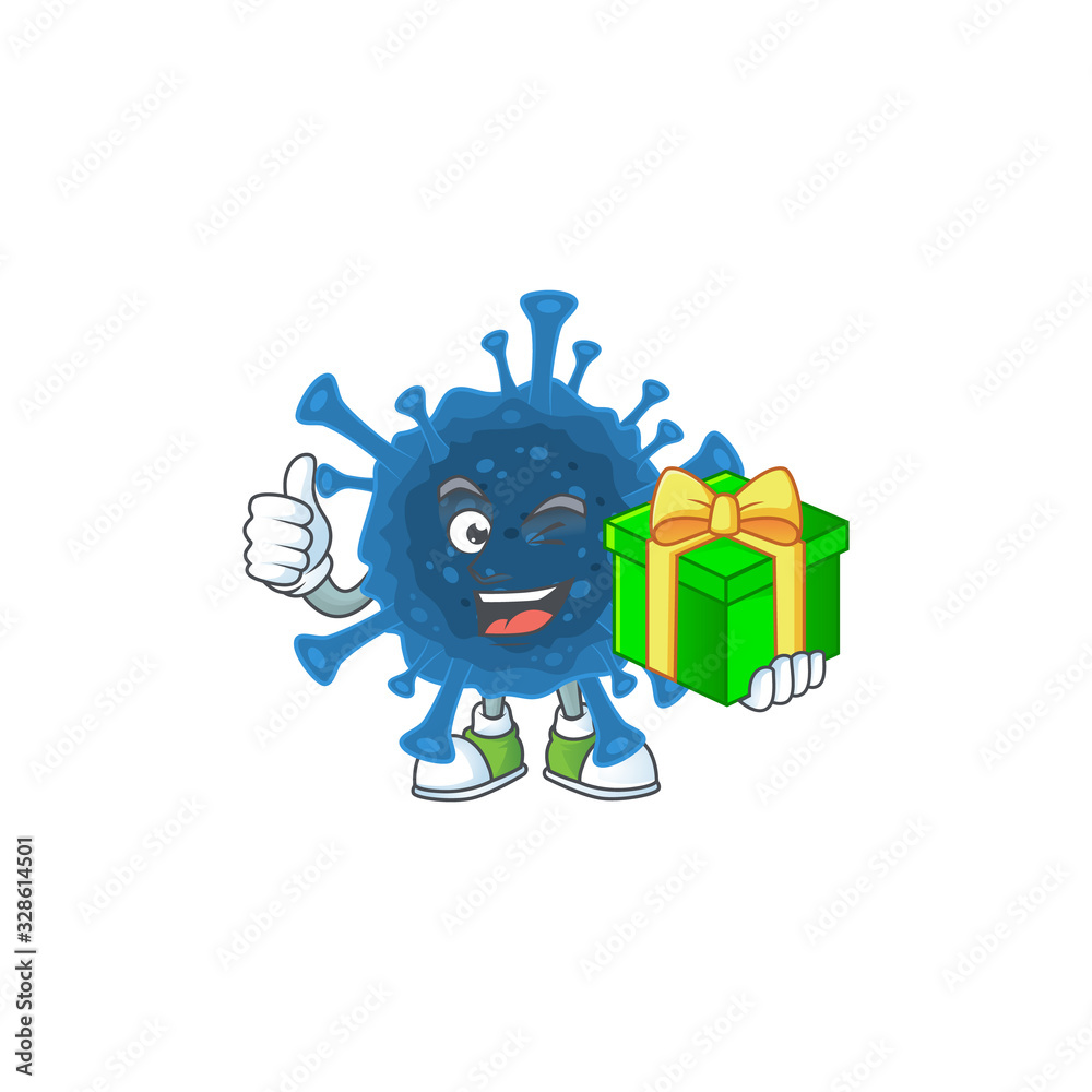 Cute coronavirus desease character holding a gift box