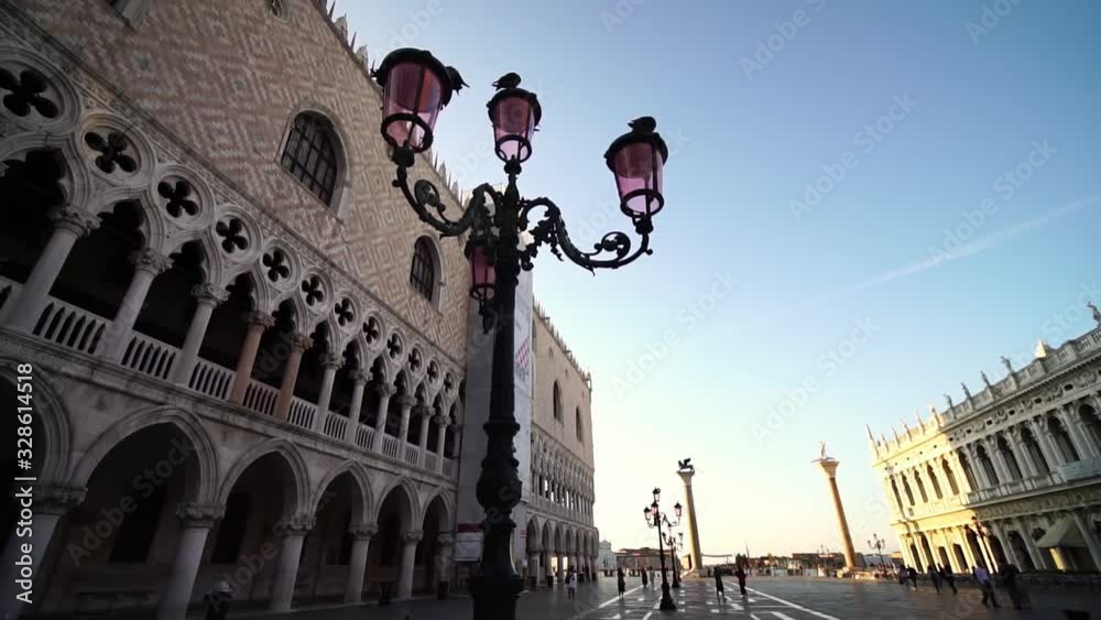 Glide shot. Saint Mark's square, St. Mark’s Basilica. Famous landmark in Venice, Italy. Romantic honeymoon travel & cruise ship destination in Europe. 