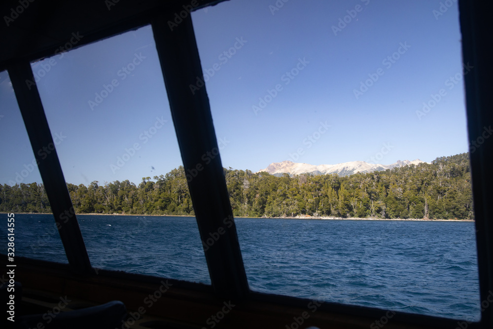 View of the Quetrihue Peninsula from inside catamaran in Villa la Angostura, Patagonia Argentina
