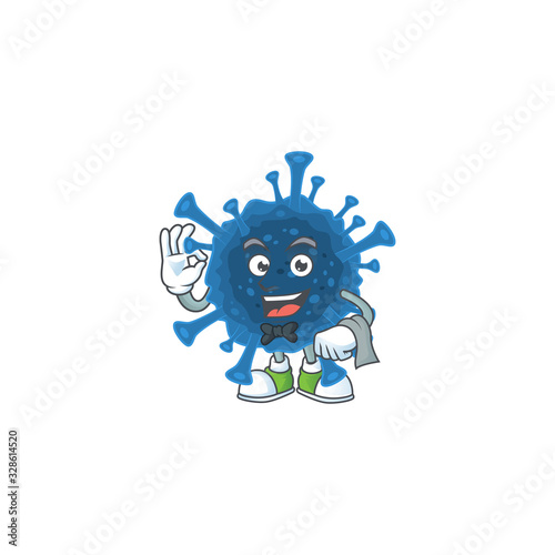 A coronavirus desease cartoon mascot working as a Waiter