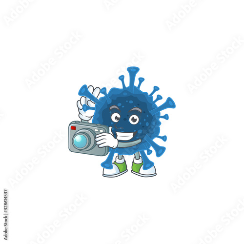 A coronavirus desease Photographer cartoon character in action with a camera