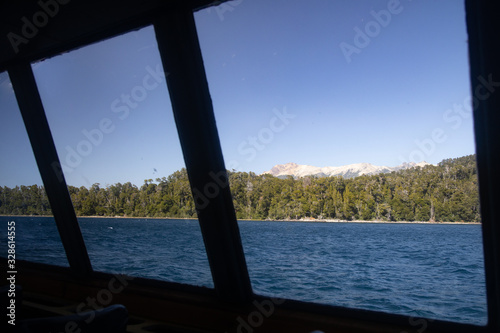 View of the Quetrihue Peninsula from inside catamaran in Villa la Angostura, Patagonia Argentina
