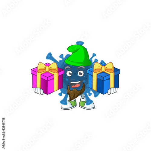 A charming coronavirus desease cartoon mascot style with two boxes of gifts