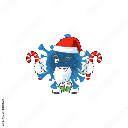cartoon mascot style of coronavirus desease in Santa costume with candy