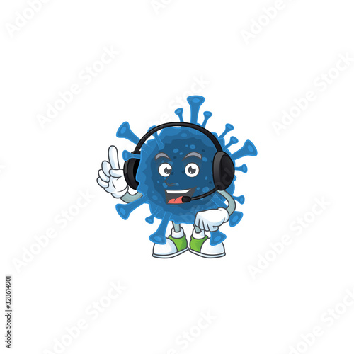 Sweet coronavirus desease cartoon character design speaking on a headphone