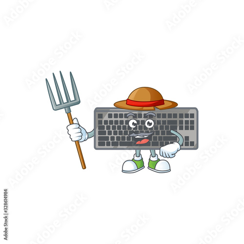 sweet Farmer black keyboard cartoon mascot with hat and tools
