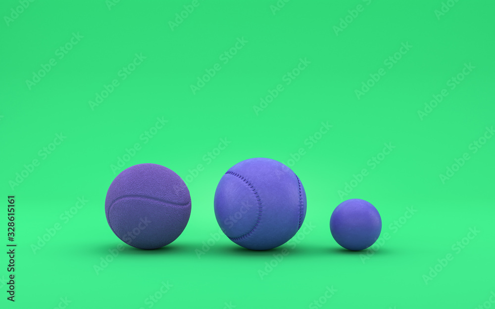 Tennis, baseball and ping-pong balls in flat monochrome green scene, single color, 3d rendering Tennis, baseball and ping-pong balls in flat monochrome green scene, single color, 3d rendering