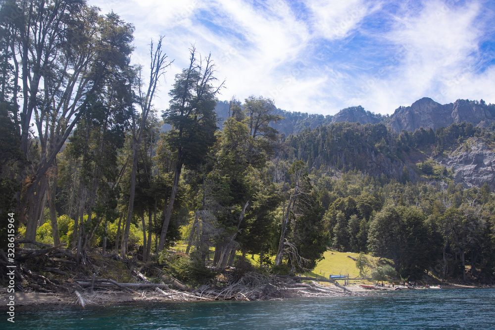 Traful lake northern shore where is located the sunken forrest. Tsunami alert. Patagonia Argentina Traful lake northern shore where is located the sunken forrest. Tsunami alert. Patagonia Argentina