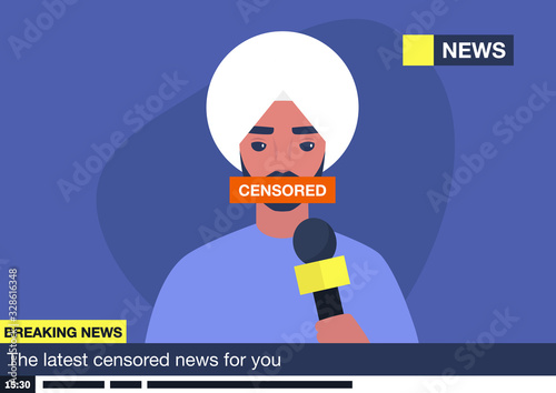 Free speech, fake news, censored facts, access to information, young indian male tv host with a taped mouth, propaganda concept