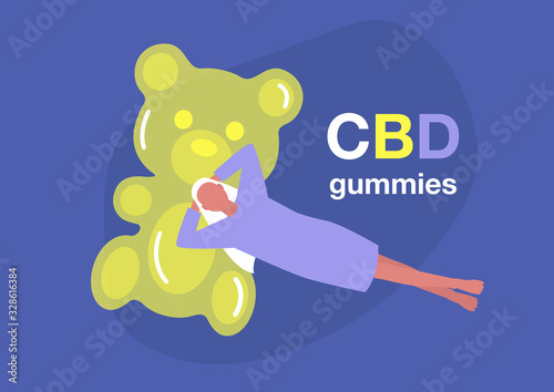 CBD edible jelly candy, young female character lying on a giant gummy bear, recreational drugs, relaxing atmosphere
