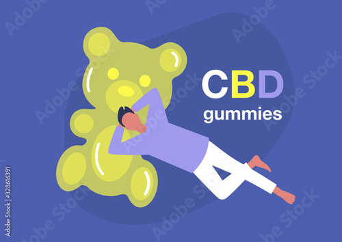CBD edible jelly candy, young male character lying on a giant gummy bear, recreational drugs, relaxing atmosphere